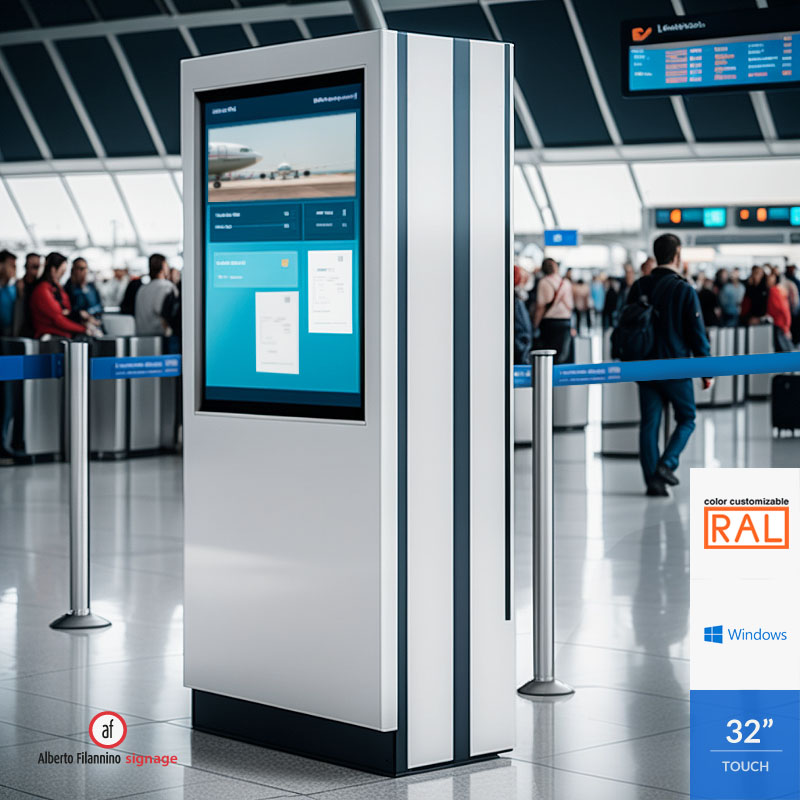 Kiosk aeroporto 43 pollici  - Scopri il nostro moderno kiosk touch screen da 43 pollici, personalizzabile con il marchio dell'azienda o della compagnia di trasporto. 