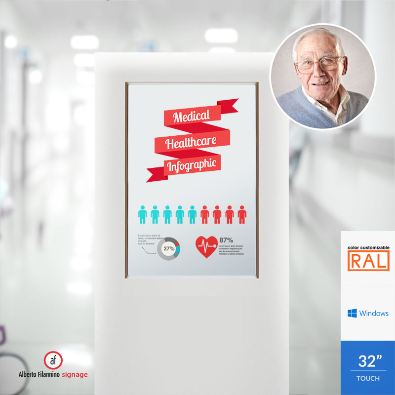 Kiosk MedKiosk per ambulatori medici - Il kiosk MedKiosk touch screen 24 pollici è studiato e realizzato in modo specifico per l'ambulatorio del medico di famiglia sia singolo che associato.